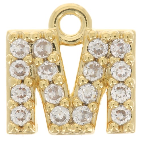 Breloque lettre alphabet 7 mm avec oxydes de Zirconium  - M - Doré à l'or fin - Crystal x1