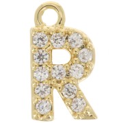 Breloque lettre alphabet 8 mm avec oxydes de Zirconium  - R - Doré à l'or fin - Crystal x1
