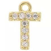 Breloque lettre alphabet 8 mm avec oxydes de Zirconium  - T - Doré à l'or fin - Crystal x1
