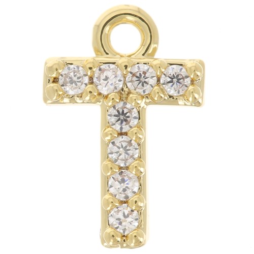 Breloque lettre alphabet 8 mm avec oxydes de Zirconium  - T - Doré à l'or fin - Crystal x1