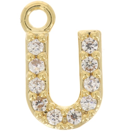 Breloque lettre alphabet 8 mm avec oxydes de Zirconium  - U - Doré à l'or fin - Crystal x1