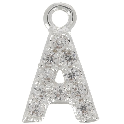Breloque lettre alphabet 8 mm avec oxydes de Zirconium  - A - Placage Argent fin - Crystal x1