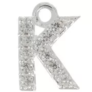 Breloque lettre alphabet 7.5 mm avec oxydes de Zirconium  - K - Placage Argent fin - Crystal x1
