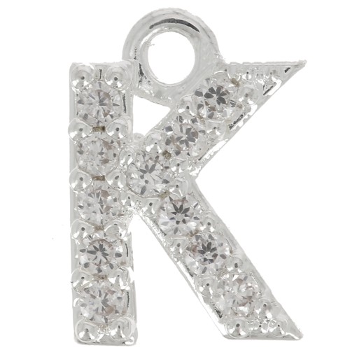 Breloque lettre alphabet 7.5 mm avec oxydes de Zirconium  - K - Placage Argent fin - Crystal x1