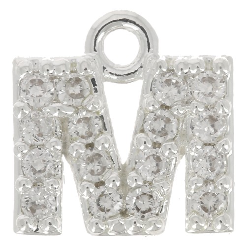 Breloque lettre alphabet 7 mm avec oxydes de Zirconium  - M - Placage Argent fin - Crystal x1