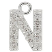 Breloque lettre alphabet 8 mm avec oxydes de Zirconium  - N - Placage Argent fin - Crystal x1