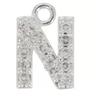 Breloque lettre alphabet 8 mm avec oxydes de Zirconium  - N - Placage Argent fin - Crystal x1
