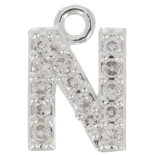 Breloque lettre alphabet 8 mm avec oxydes de Zirconium  - N - Placage Argent fin - Crystal x1