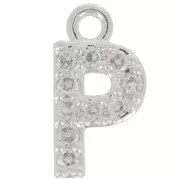 Breloque lettre alphabet 8 mm avec oxydes de Zirconium  - P - Placage Argent fin - Crystal x1