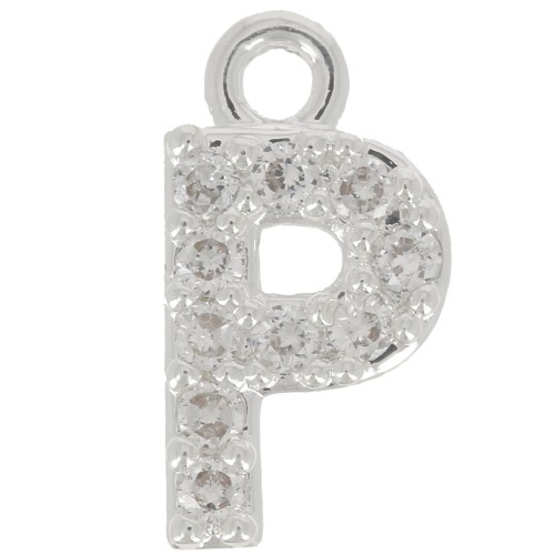 Breloque lettre alphabet 8 mm avec oxydes de Zirconium  - P - Placage Argent fin - Crystal x1