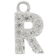 Breloque lettre alphabet 8 mm avec oxydes de Zirconium  - R - Placage Argent fin - Crystal x1