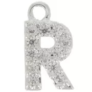 Breloque lettre alphabet 8 mm avec oxydes de Zirconium  - R - Placage Argent fin - Crystal x1