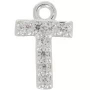 Breloque lettre alphabet 8 mm avec oxydes de Zirconium  - T - Placage Argent fin - Crystal x1