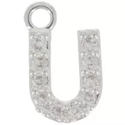 Breloque lettre alphabet 8 mm avec oxydes de Zirconium  - U - Placage Argent fin - Crystal x1