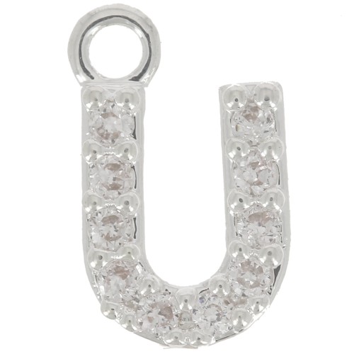Breloque lettre alphabet 8 mm avec oxydes de Zirconium  - U - Placage Argent fin - Crystal x1