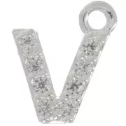 Breloque lettre alphabet 7 mm avec oxydes de Zirconium  - V - Placage Argent fin - Crystal x1