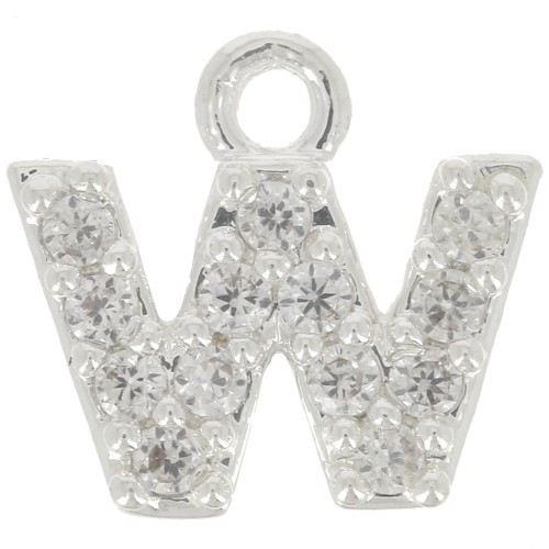 Breloque lettre alphabet 7 mm avec oxydes de Zirconium  - W - Placage Argent fin - Crystal x1