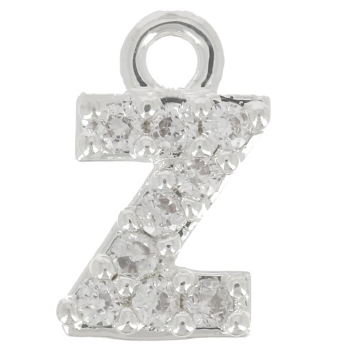Breloque lettre alphabet 7 mm avec oxydes de Zirconium  - Z - Placage Argent fin - Crystal x1