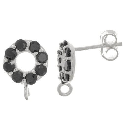 Clous d'oreilles cercle 9 mm avec oxydes de zirconium - Argent 925 - Noir x2