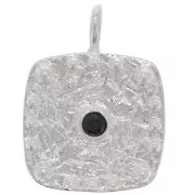 Pendentif carré martelé avec oxyde de Zirconium  21x16 mm - Placage Argent fin - Noir x1