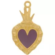 Pendentif coeur Ex-voto 27x15 mm avec résine époxy - Doré à l'or fin - Prune x1