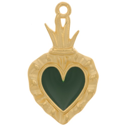 Pendentif coeur Ex-voto 27x15 mm avec résine époxy - Doré à l'or fin - Vert sapin