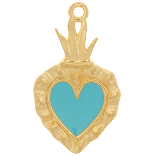 Pendentif coeur Ex-voto 27x15 mm avec résine époxy - Doré à l'or fin - Turquoise