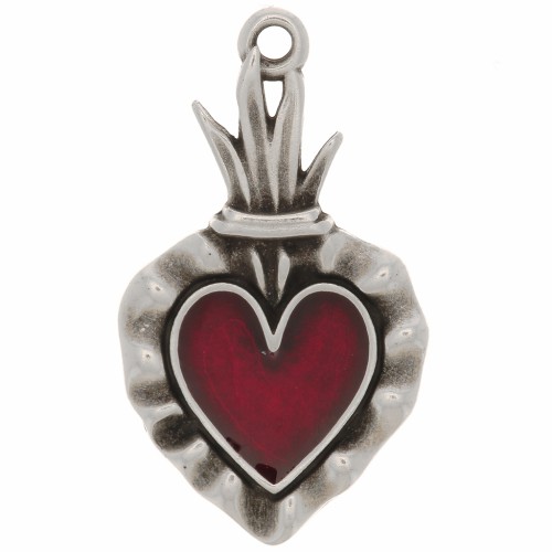 Pendentif coeur Ex-voto 27x15 mm avec résine époxy - Argenté vieilli - Rouge x1