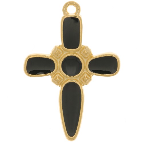 Pendentif croix 28x19 mm avec résine époxy - Doré à l'or fin - Noir x1