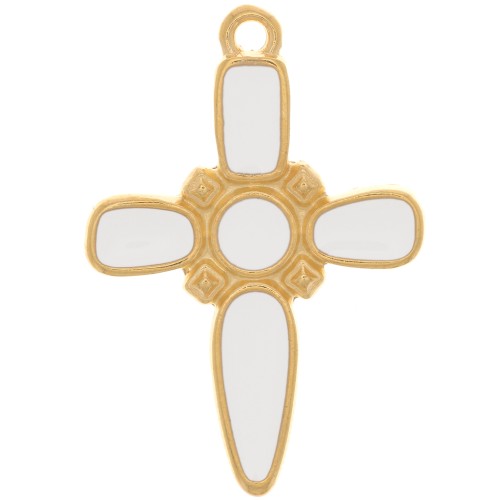 Pendentif croix 28x19 mm avec résine époxy - Doré à l'or fin - Blanc x1