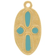 Pendentif ovale motif croix 23x12 mm - résine époxy - Doré à l'or fin - Turquoise|raw }}