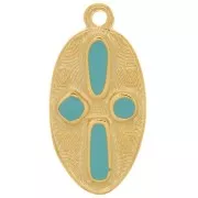 Pendentif ovale motif croix 23x12 mm - résine époxy - Doré à l'or fin - Turquoise