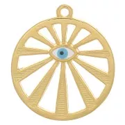 Pendentif rond ajouré motif oeil 22 mm avec résine époxy - Doré à l'or fin - Bleu
