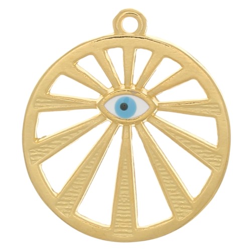Pendentif rond ajouré motif oeil 22 mm avec résine époxy - Doré à l'or fin - Bleu