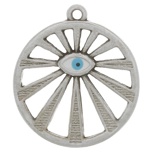 Pendentif rond ajouré motif oeil 22 mm avec résine époxy - Argenté vieilli - Bleu