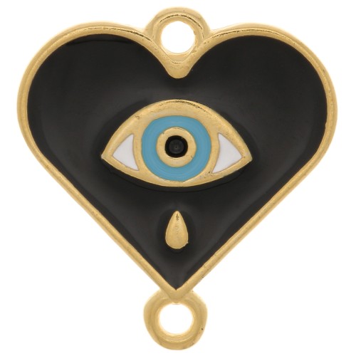 Intercalaire coeur motif oeil avec résine époxy 18x17 mm Doré à l'or fin - Noir x1