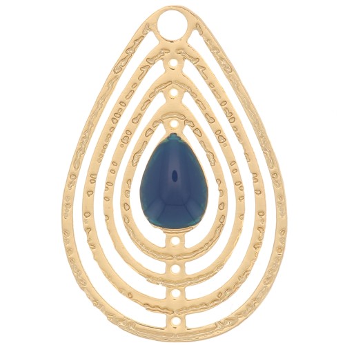 Breloque goutte ajourée avec résine époxy 18x12 mm - Doré - Pétrole x1