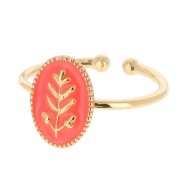 Bague ovale réglable avec résine époxy motif feuille - Doré à l'or fin - Orange x1|raw }}