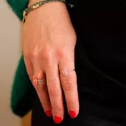 Bague ovale réglable avec résine époxy motif feuille - Doré à l'or fin - Orange x1