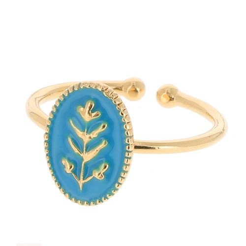 Bague ovale réglable avec résine époxy motif feuille - Doré à l'or fin - Bleu x1