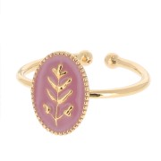 Bague ovale réglable & résine époxy motif feuille - Doré à l'or fin - Vieux rose|raw }}