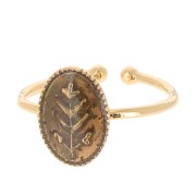 Bague ovale réglable & résine époxy motif feuille Doré à l'or fin Marron pailleté