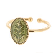 Bague ovale réglable & résine époxy motif feuille Doré à l'or fin - Vert pailleté|raw }}