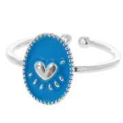 Bague ovale ajustable & résine époxy - motif coeur - Placage argent fin - Bleu|raw }}