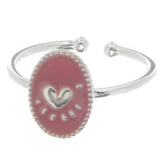 Bague ovale ajustable & résine époxy motif coeur - Placage argent fin - Vieux rose