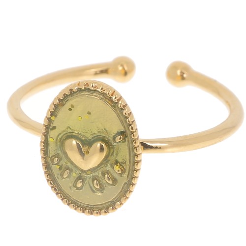 Bague ovale ajustable & résine époxy motif coeur Doré à l'or fin - Vert pailleté