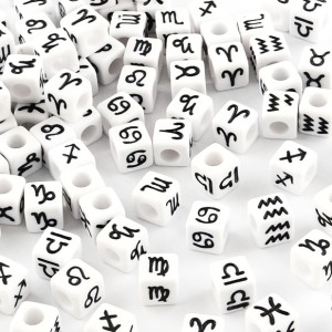 Assortiment de 50 perles cubes signes du zodiaque 7 mm - Blanc - Noir