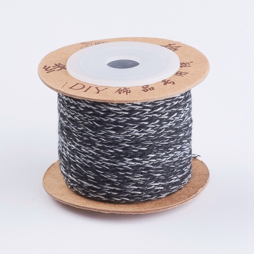 Cordon en coton tressé plat 2 mm - Noir - Gris x1m