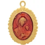 Pendentif ovale motif vierge avec résine époxy 22x15 mm - Doré à l'or fin - Rouge