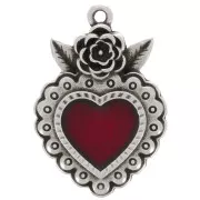 Pendentif coeur avec fleur 27x18mm & résine époxy Placage Argent fin vieil - Rouge